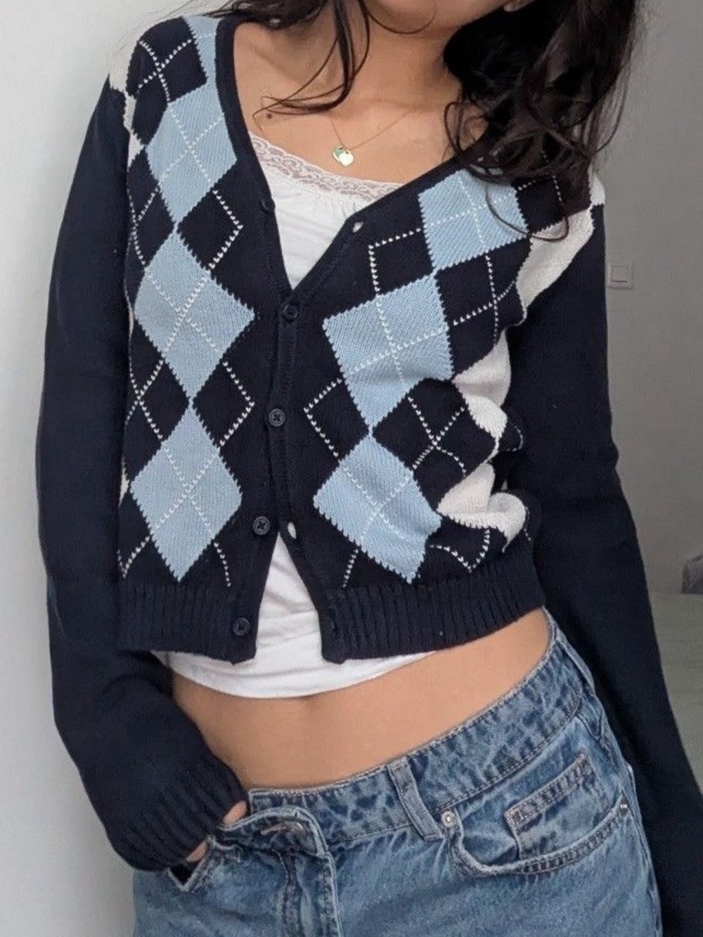Brandy Melville V-Neck Argyle Cardigan